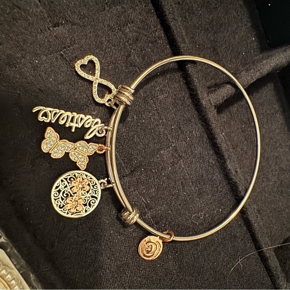 Two tone crystal bestie adjustable bracelet with charms